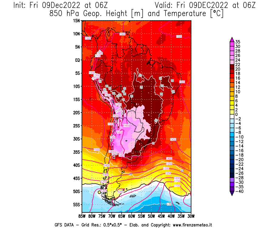Mappa di analisi GFS - Geopotenziale [m] e Temperatura [°C] a 850 hPa in Sud-America
							del 09/12/2022 06 <!--googleoff: index-->UTC<!--googleon: index-->
