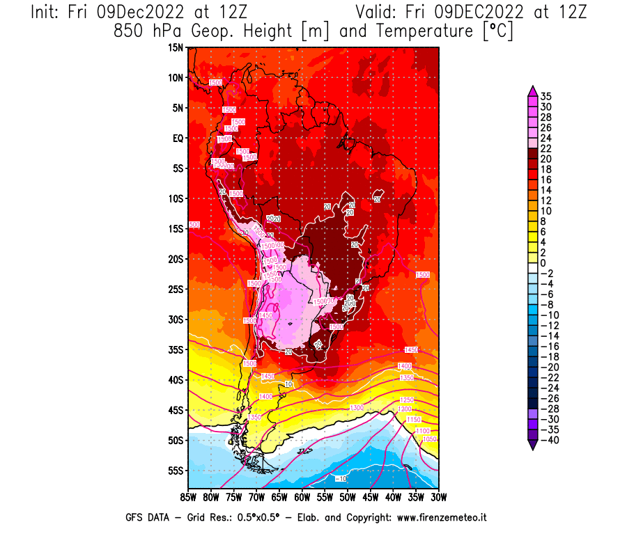 Mappa di analisi GFS - Geopotenziale [m] e Temperatura [°C] a 850 hPa in Sud-America
							del 09/12/2022 12 <!--googleoff: index-->UTC<!--googleon: index-->