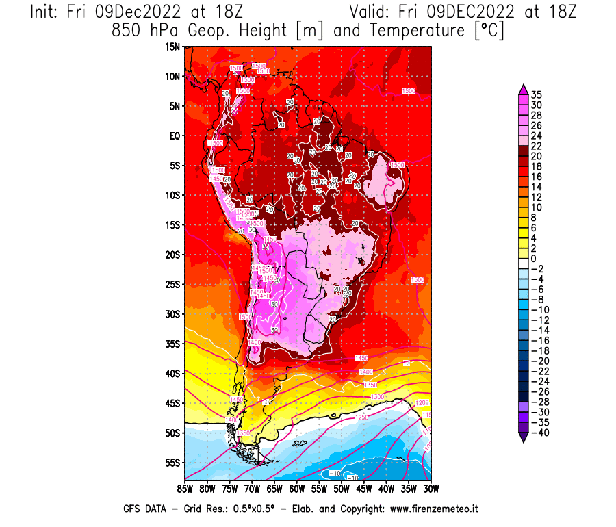 Mappa di analisi GFS - Geopotenziale [m] e Temperatura [°C] a 850 hPa in Sud-America
							del 09/12/2022 18 <!--googleoff: index-->UTC<!--googleon: index-->