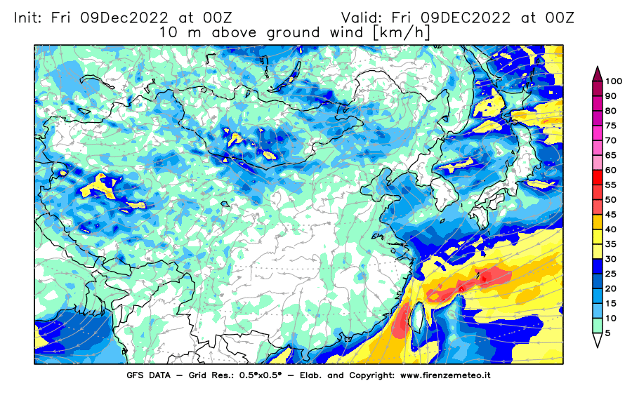 Mappa di analisi GFS - Velocità del vento a 10 metri dal suolo [km/h] in Asia Orientale
							del 09/12/2022 00 <!--googleoff: index-->UTC<!--googleon: index-->