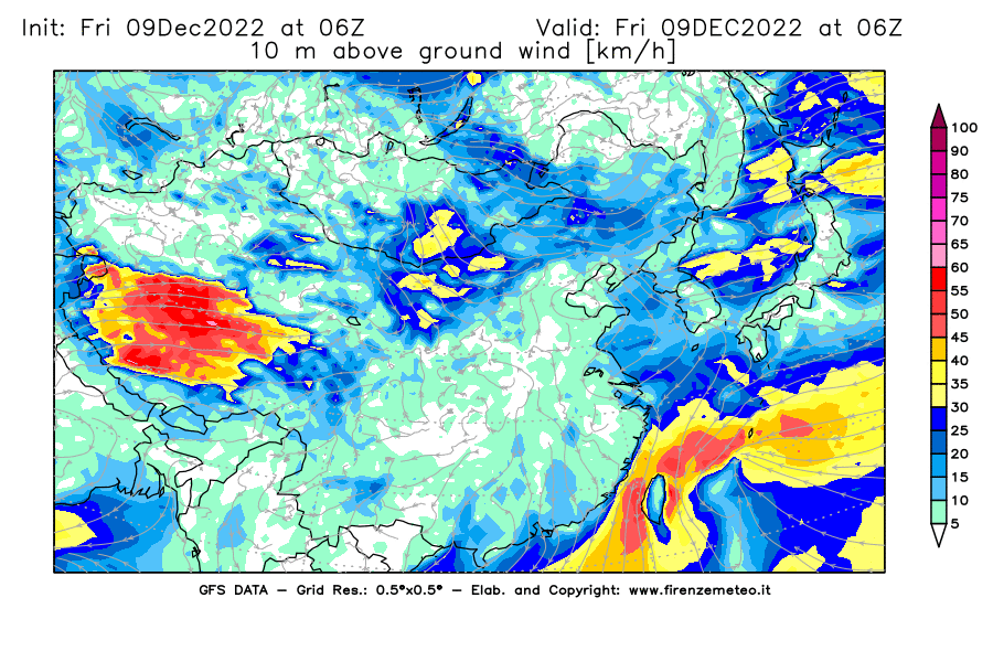 Mappa di analisi GFS - Velocità del vento a 10 metri dal suolo [km/h] in Asia Orientale
							del 09/12/2022 06 <!--googleoff: index-->UTC<!--googleon: index-->