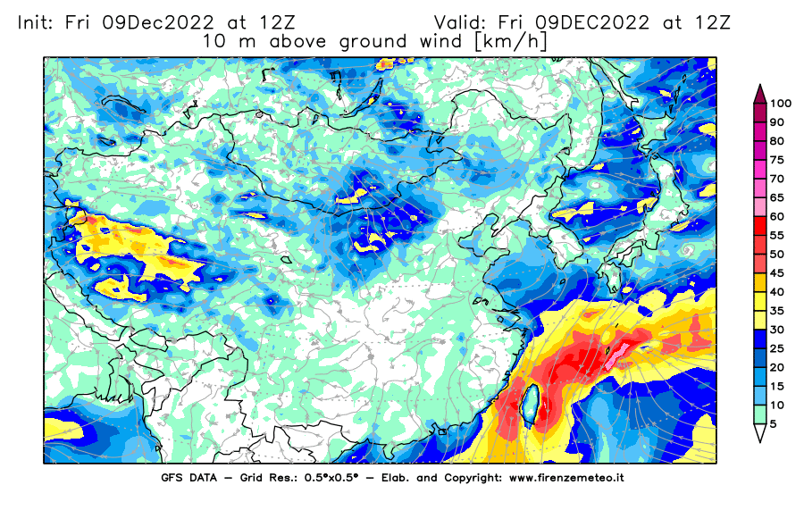 Mappa di analisi GFS - Velocità del vento a 10 metri dal suolo [km/h] in Asia Orientale
							del 09/12/2022 12 <!--googleoff: index-->UTC<!--googleon: index-->