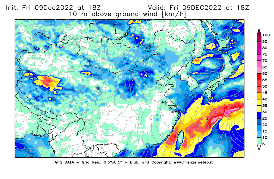 Mappa di analisi GFS - Velocità del vento a 10 metri dal suolo [km/h] in Asia Orientale
							del 09/12/2022 18 <!--googleoff: index-->UTC<!--googleon: index-->
