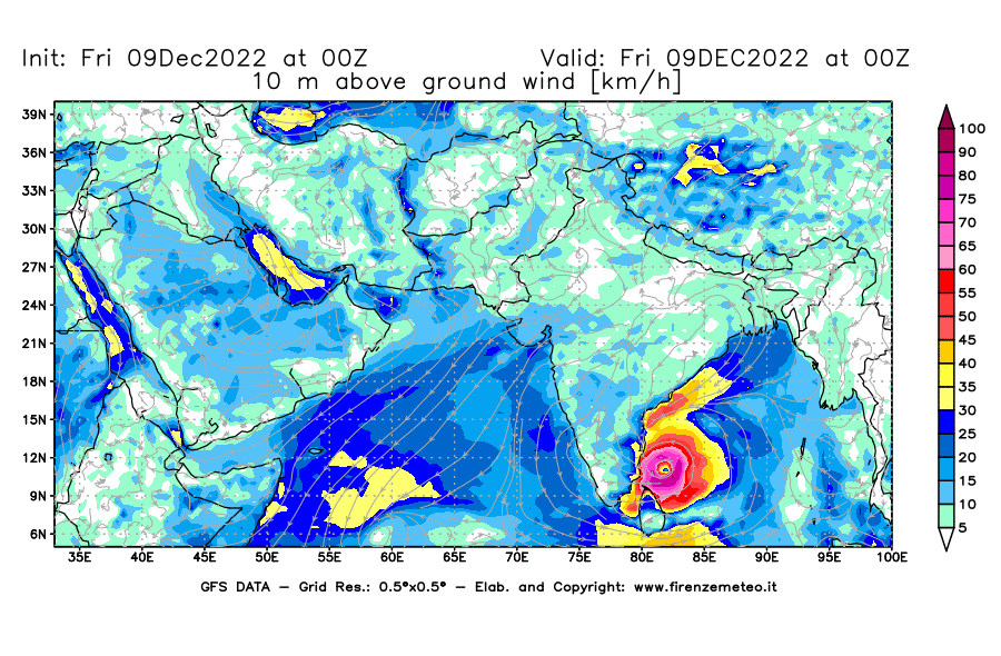 Mappa di analisi GFS - Velocità del vento a 10 metri dal suolo [km/h] in Asia Sud-Occidentale
							del 09/12/2022 00 <!--googleoff: index-->UTC<!--googleon: index-->