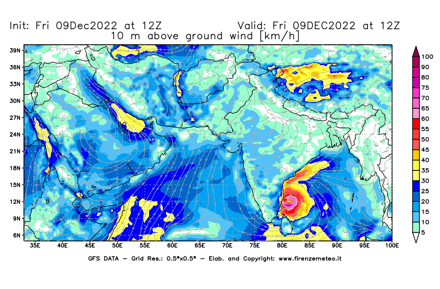 Mappa di analisi GFS - Velocità del vento a 10 metri dal suolo [km/h] in Asia Sud-Occidentale
							del 09/12/2022 12 <!--googleoff: index-->UTC<!--googleon: index-->