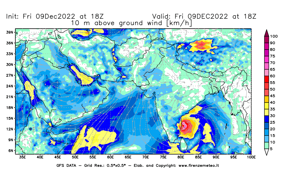 Mappa di analisi GFS - Velocità del vento a 10 metri dal suolo [km/h] in Asia Sud-Occidentale
							del 09/12/2022 18 <!--googleoff: index-->UTC<!--googleon: index-->