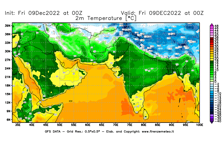 Mappa di analisi GFS - Temperatura a 2 metri dal suolo [°C] in Asia Sud-Occidentale
							del 09/12/2022 00 <!--googleoff: index-->UTC<!--googleon: index-->