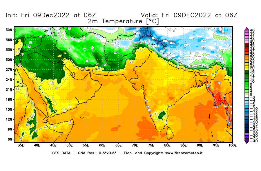 Mappa di analisi GFS - Temperatura a 2 metri dal suolo [°C] in Asia Sud-Occidentale
							del 09/12/2022 06 <!--googleoff: index-->UTC<!--googleon: index-->