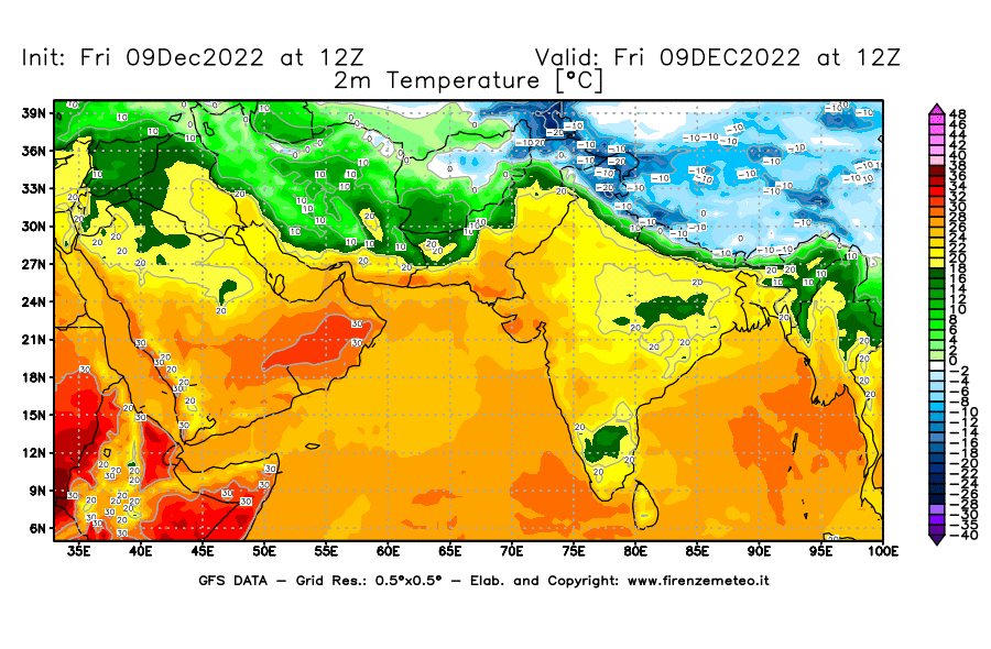 Mappa di analisi GFS - Temperatura a 2 metri dal suolo [°C] in Asia Sud-Occidentale
							del 09/12/2022 12 <!--googleoff: index-->UTC<!--googleon: index-->