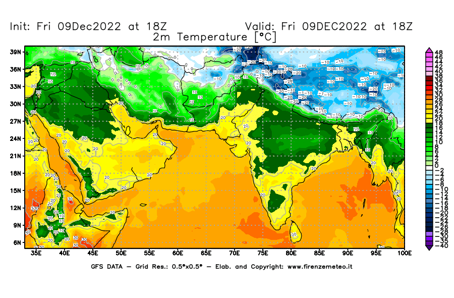 Mappa di analisi GFS - Temperatura a 2 metri dal suolo [°C] in Asia Sud-Occidentale
							del 09/12/2022 18 <!--googleoff: index-->UTC<!--googleon: index-->