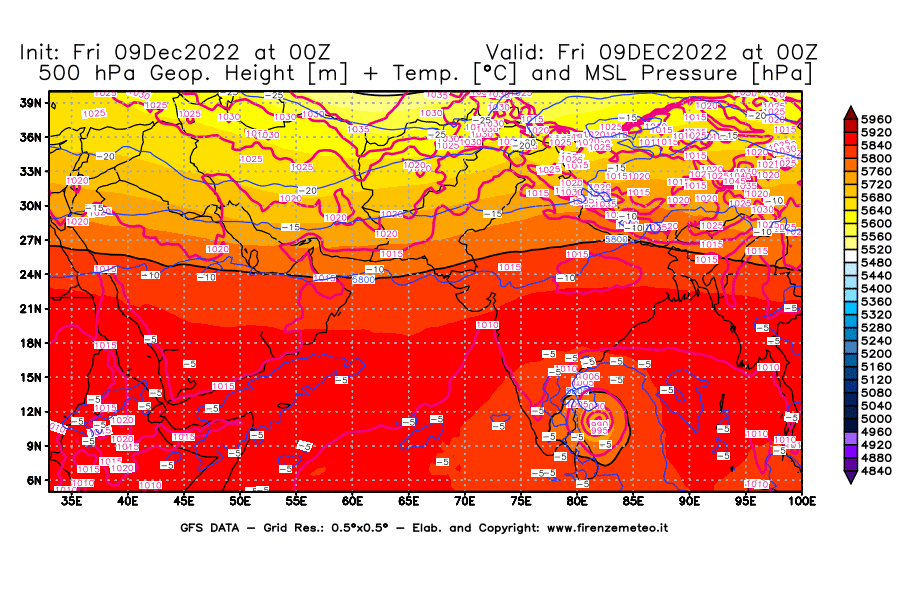 Mappa di analisi GFS - Geopotenziale [m] + Temp. [°C] a 500 hPa + Press. a livello del mare [hPa] in Asia Sud-Occidentale
							del 09/12/2022 00 <!--googleoff: index-->UTC<!--googleon: index-->