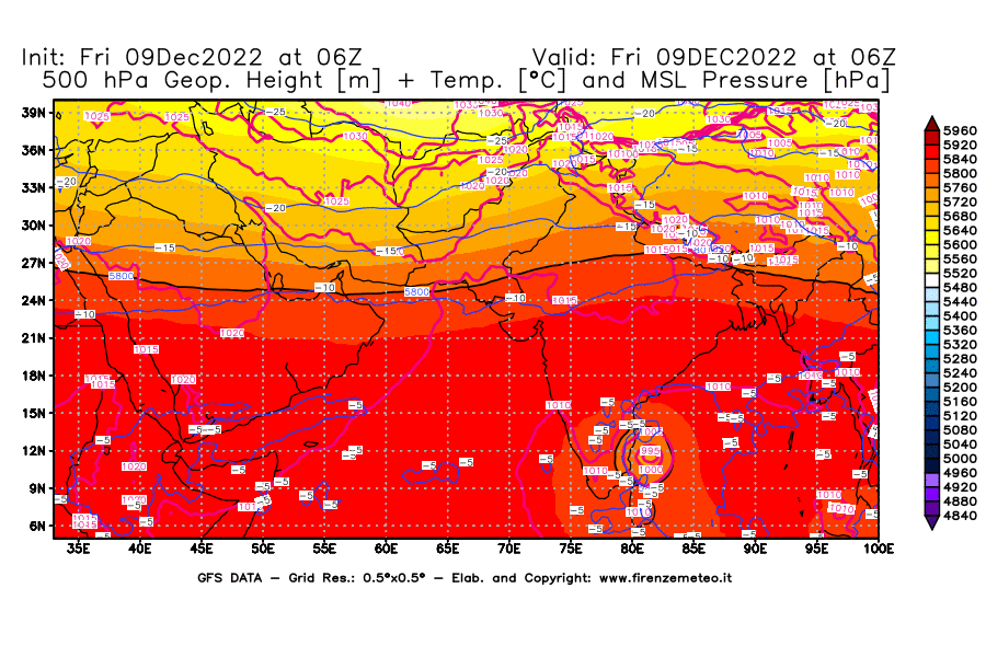 Mappa di analisi GFS - Geopotenziale [m] + Temp. [°C] a 500 hPa + Press. a livello del mare [hPa] in Asia Sud-Occidentale
							del 09/12/2022 06 <!--googleoff: index-->UTC<!--googleon: index-->