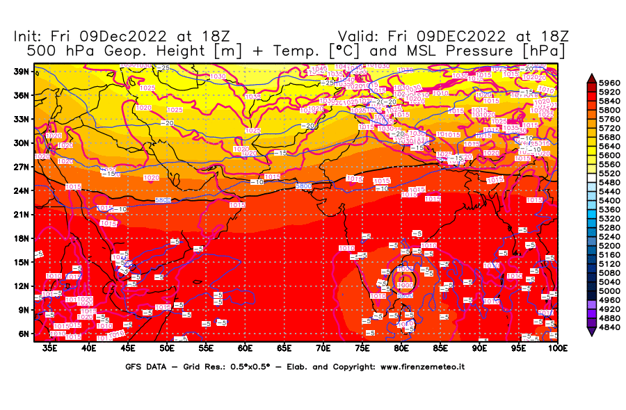 Mappa di analisi GFS - Geopotenziale [m] + Temp. [°C] a 500 hPa + Press. a livello del mare [hPa] in Asia Sud-Occidentale
							del 09/12/2022 18 <!--googleoff: index-->UTC<!--googleon: index-->