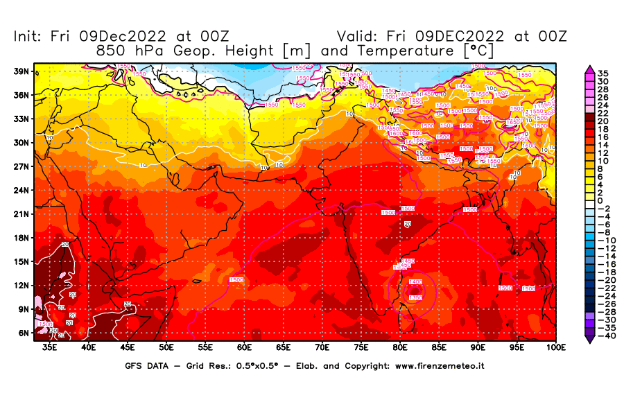 Mappa di analisi GFS - Geopotenziale [m] e Temperatura [°C] a 850 hPa in Asia Sud-Occidentale
							del 09/12/2022 00 <!--googleoff: index-->UTC<!--googleon: index-->