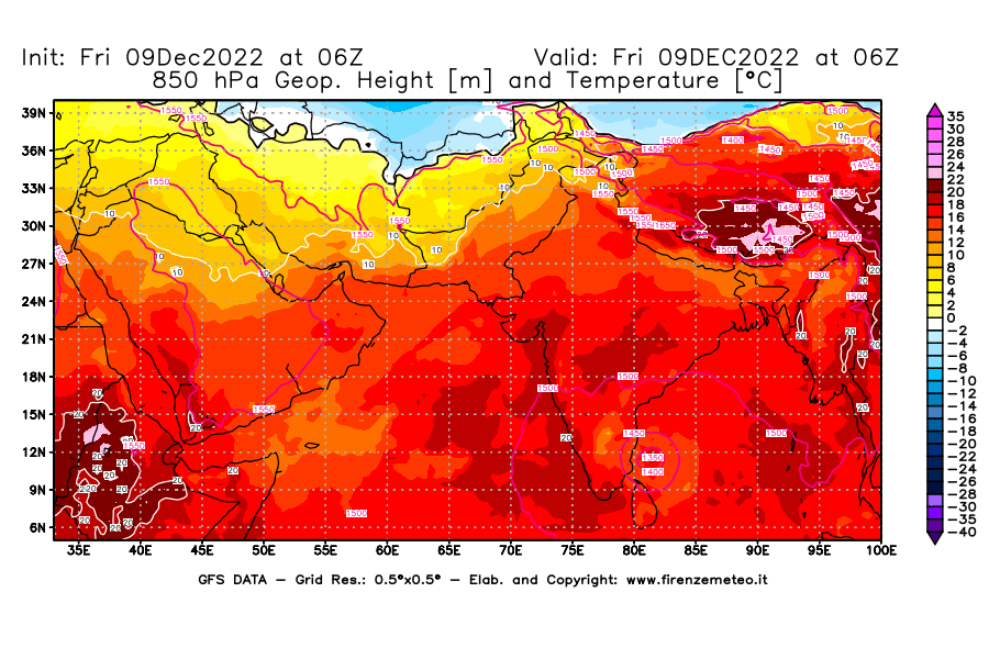 Mappa di analisi GFS - Geopotenziale [m] e Temperatura [°C] a 850 hPa in Asia Sud-Occidentale
							del 09/12/2022 06 <!--googleoff: index-->UTC<!--googleon: index-->
