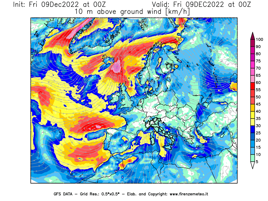 Mappa di analisi GFS - Velocità del vento a 10 metri dal suolo [km/h] in Europa
							del 09/12/2022 00 <!--googleoff: index-->UTC<!--googleon: index-->