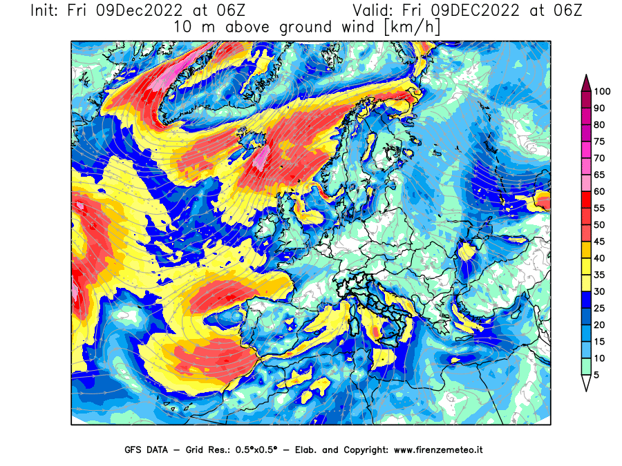 Mappa di analisi GFS - Velocità del vento a 10 metri dal suolo [km/h] in Europa
							del 09/12/2022 06 <!--googleoff: index-->UTC<!--googleon: index-->