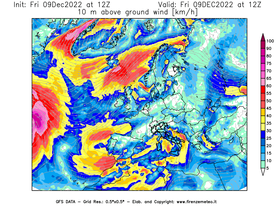 Mappa di analisi GFS - Velocità del vento a 10 metri dal suolo [km/h] in Europa
							del 09/12/2022 12 <!--googleoff: index-->UTC<!--googleon: index-->