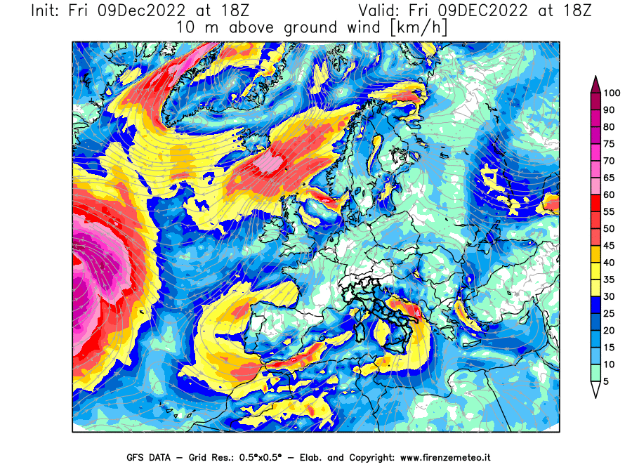 Mappa di analisi GFS - Velocità del vento a 10 metri dal suolo [km/h] in Europa
							del 09/12/2022 18 <!--googleoff: index-->UTC<!--googleon: index-->