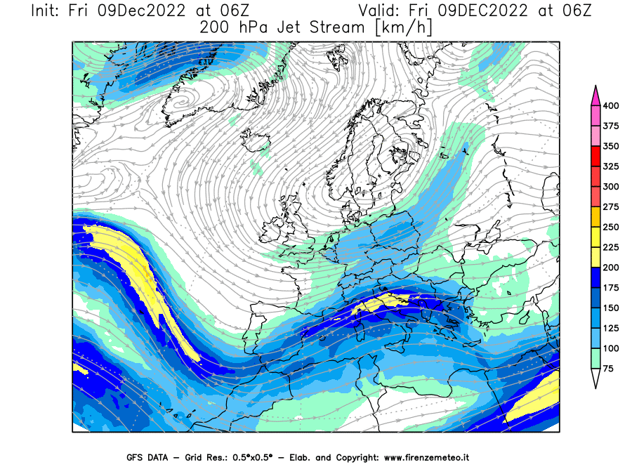Mappa di analisi GFS - Jet Stream a 200 hPa in Europa
							del 09/12/2022 06 <!--googleoff: index-->UTC<!--googleon: index-->
