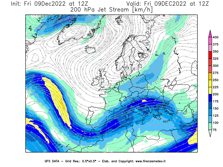 Mappa di analisi GFS - Jet Stream a 200 hPa in Europa
							del 09/12/2022 12 <!--googleoff: index-->UTC<!--googleon: index-->