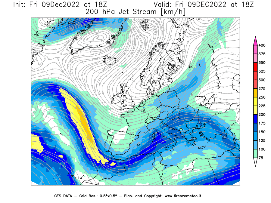Mappa di analisi GFS - Jet Stream a 200 hPa in Europa
							del 09/12/2022 18 <!--googleoff: index-->UTC<!--googleon: index-->