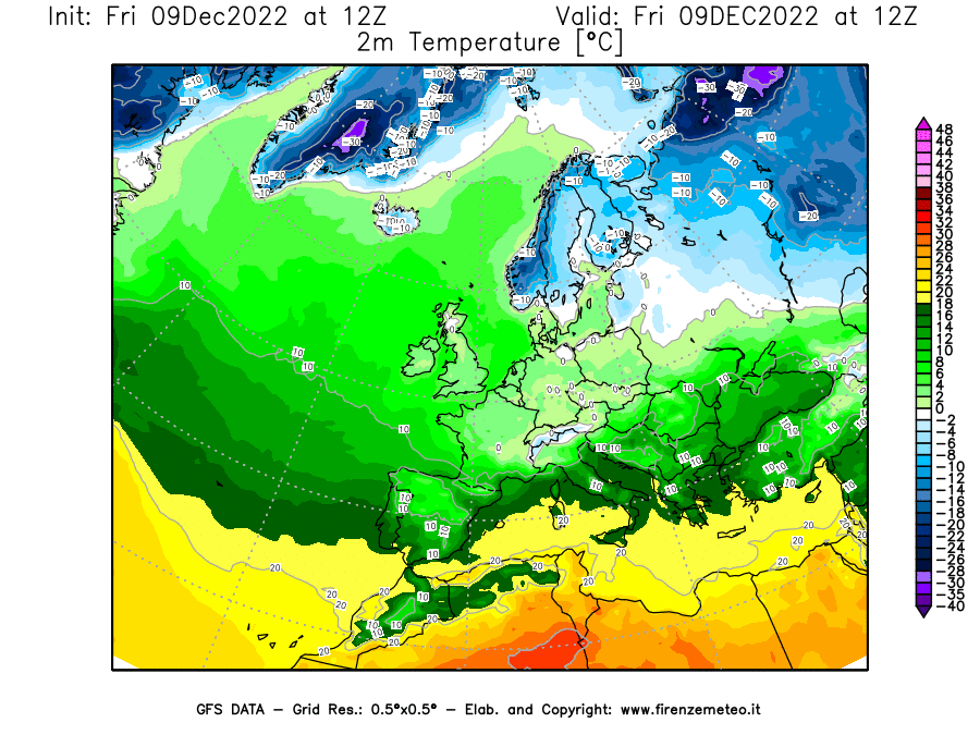 Mappa di analisi GFS - Temperatura a 2 metri dal suolo [°C] in Europa
							del 09/12/2022 12 <!--googleoff: index-->UTC<!--googleon: index-->