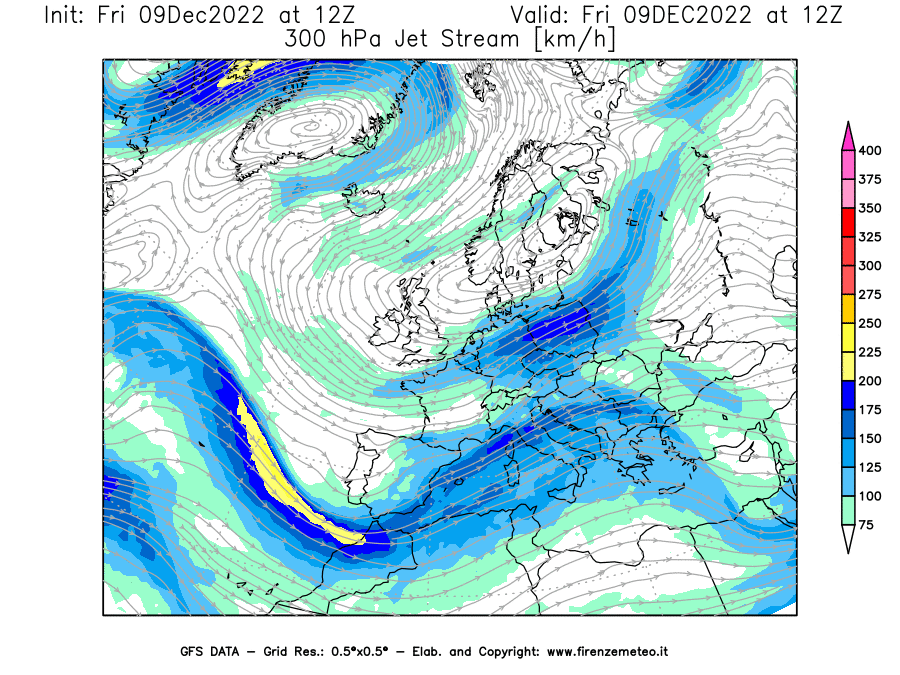 Mappa di analisi GFS - Jet Stream a 300 hPa in Europa
							del 09/12/2022 12 <!--googleoff: index-->UTC<!--googleon: index-->