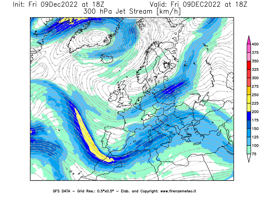 Mappa di analisi GFS - Jet Stream a 300 hPa in Europa
							del 09/12/2022 18 <!--googleoff: index-->UTC<!--googleon: index-->