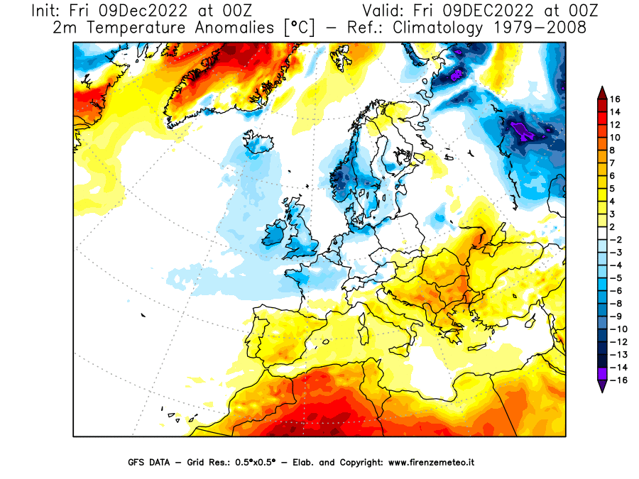 Mappa di analisi GFS - Anomalia Temperatura [°C] a 2 m in Europa
							del 09/12/2022 00 <!--googleoff: index-->UTC<!--googleon: index-->