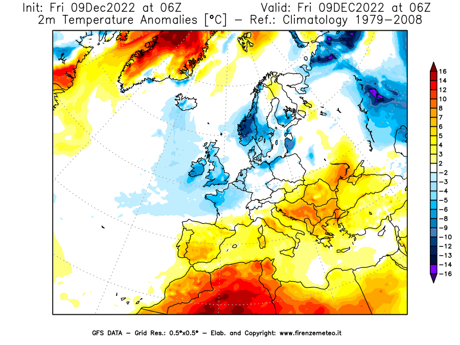 Mappa di analisi GFS - Anomalia Temperatura [°C] a 2 m in Europa
							del 09/12/2022 06 <!--googleoff: index-->UTC<!--googleon: index-->