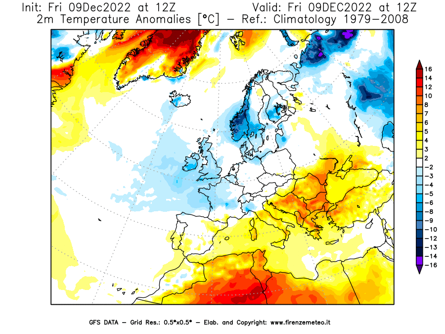Mappa di analisi GFS - Anomalia Temperatura [°C] a 2 m in Europa
							del 09/12/2022 12 <!--googleoff: index-->UTC<!--googleon: index-->