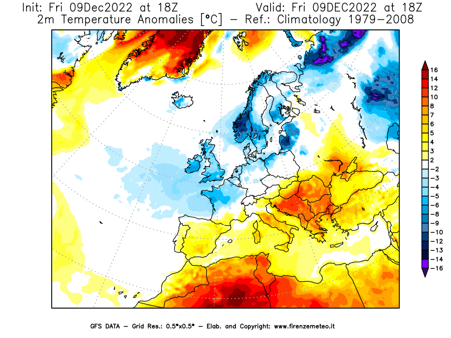 Mappa di analisi GFS - Anomalia Temperatura [°C] a 2 m in Europa
							del 09/12/2022 18 <!--googleoff: index-->UTC<!--googleon: index-->