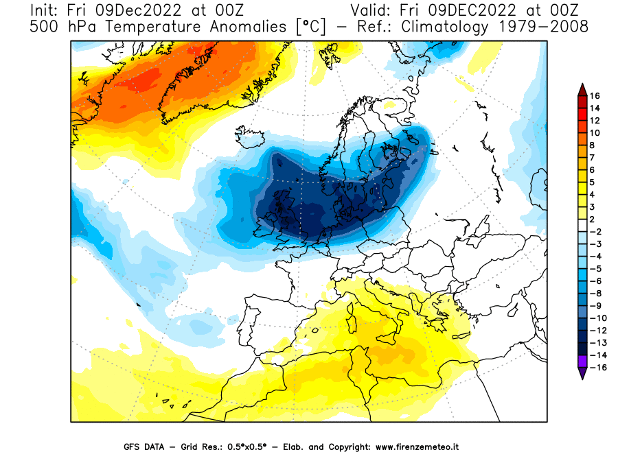 Mappa di analisi GFS - Anomalia Temperatura [°C] a 500 hPa in Europa
							del 09/12/2022 00 <!--googleoff: index-->UTC<!--googleon: index-->