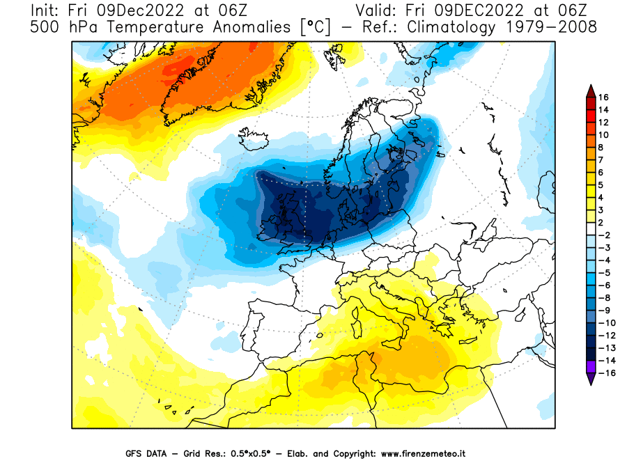 Mappa di analisi GFS - Anomalia Temperatura [°C] a 500 hPa in Europa
							del 09/12/2022 06 <!--googleoff: index-->UTC<!--googleon: index-->