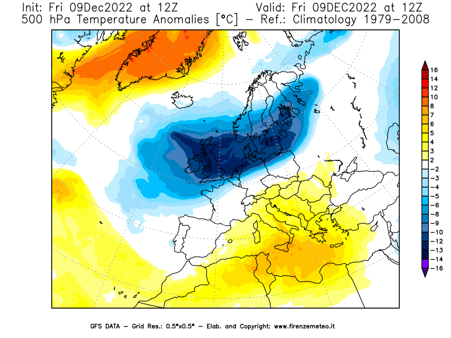 Mappa di analisi GFS - Anomalia Temperatura [°C] a 500 hPa in Europa
							del 09/12/2022 12 <!--googleoff: index-->UTC<!--googleon: index-->