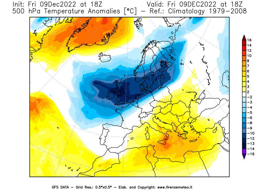 Mappa di analisi GFS - Anomalia Temperatura [°C] a 500 hPa in Europa
							del 09/12/2022 18 <!--googleoff: index-->UTC<!--googleon: index-->