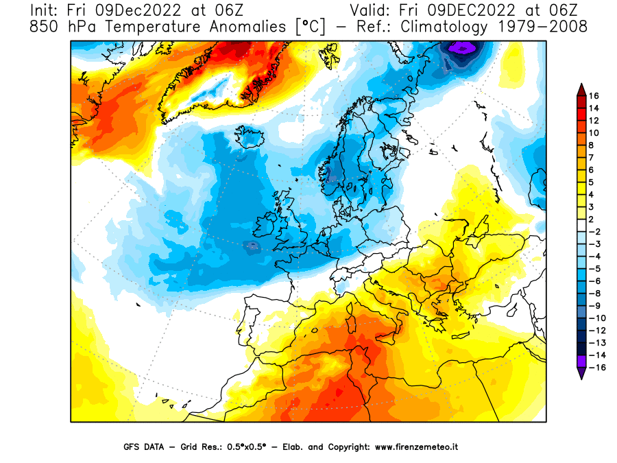 Mappa di analisi GFS - Anomalia Temperatura [°C] a 850 hPa in Europa
							del 09/12/2022 06 <!--googleoff: index-->UTC<!--googleon: index-->