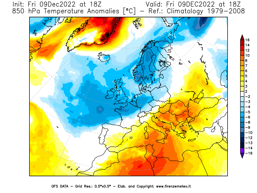 Mappa di analisi GFS - Anomalia Temperatura [°C] a 850 hPa in Europa
							del 09/12/2022 18 <!--googleoff: index-->UTC<!--googleon: index-->