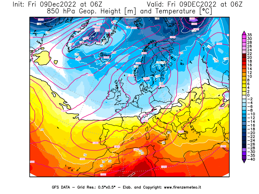 Mappa di analisi GFS - Geopotenziale [m] e Temperatura [°C] a 850 hPa in Europa
							del 09/12/2022 06 <!--googleoff: index-->UTC<!--googleon: index-->