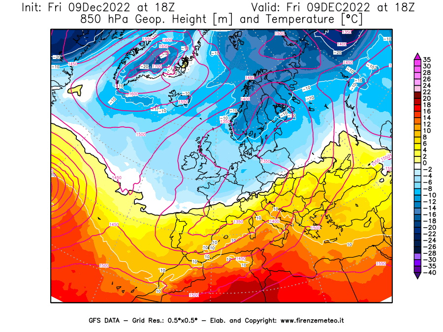 Mappa di analisi GFS - Geopotenziale [m] e Temperatura [°C] a 850 hPa in Europa
							del 09/12/2022 18 <!--googleoff: index-->UTC<!--googleon: index-->