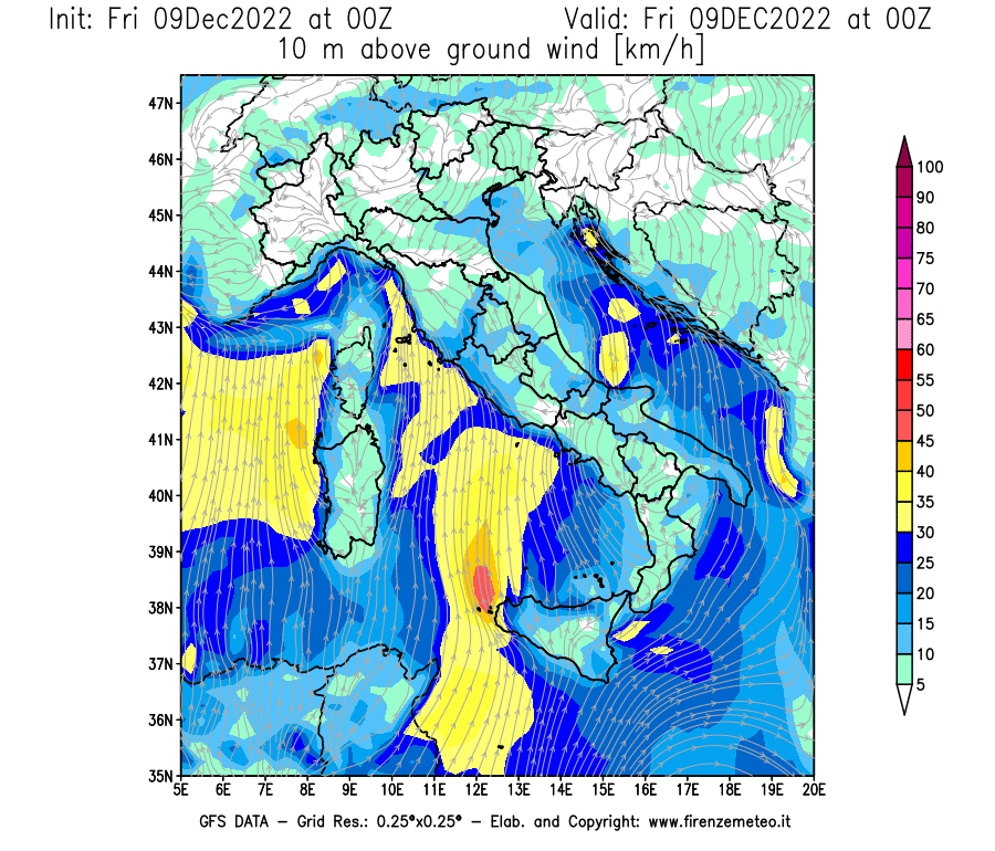 Mappa di analisi GFS - Velocità del vento a 10 metri dal suolo [km/h] in Italia
							del 09/12/2022 00 <!--googleoff: index-->UTC<!--googleon: index-->