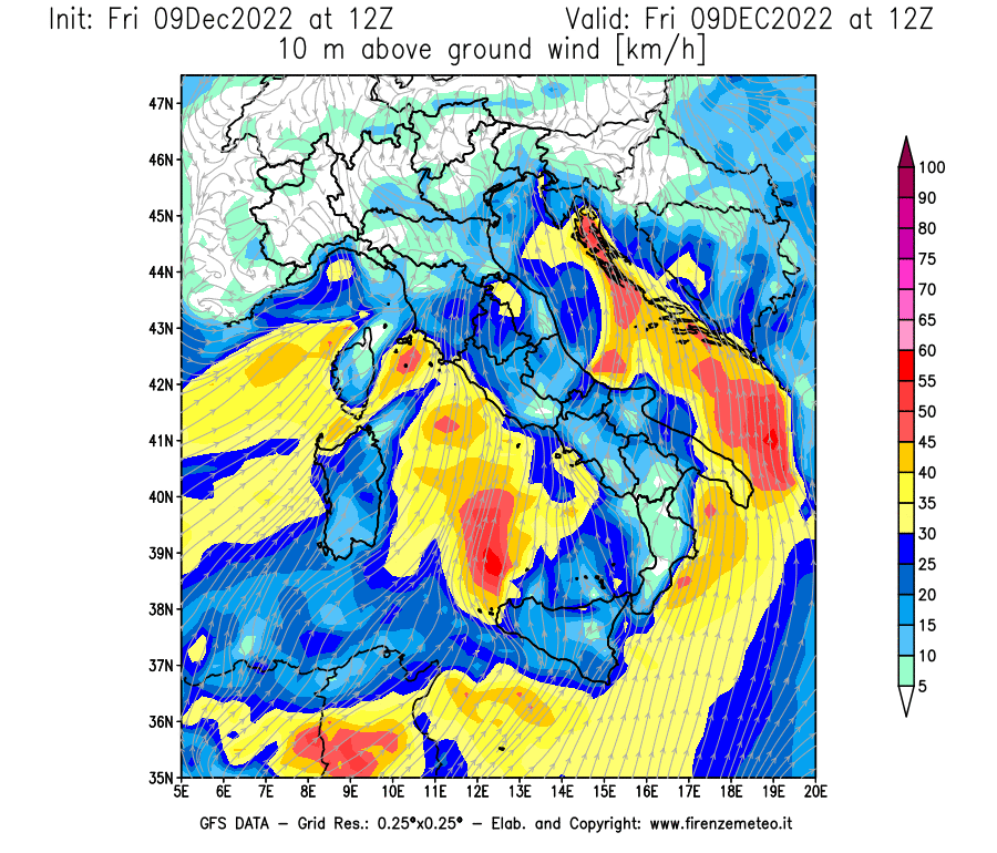 Mappa di analisi GFS - Velocità del vento a 10 metri dal suolo [km/h] in Italia
							del 09/12/2022 12 <!--googleoff: index-->UTC<!--googleon: index-->