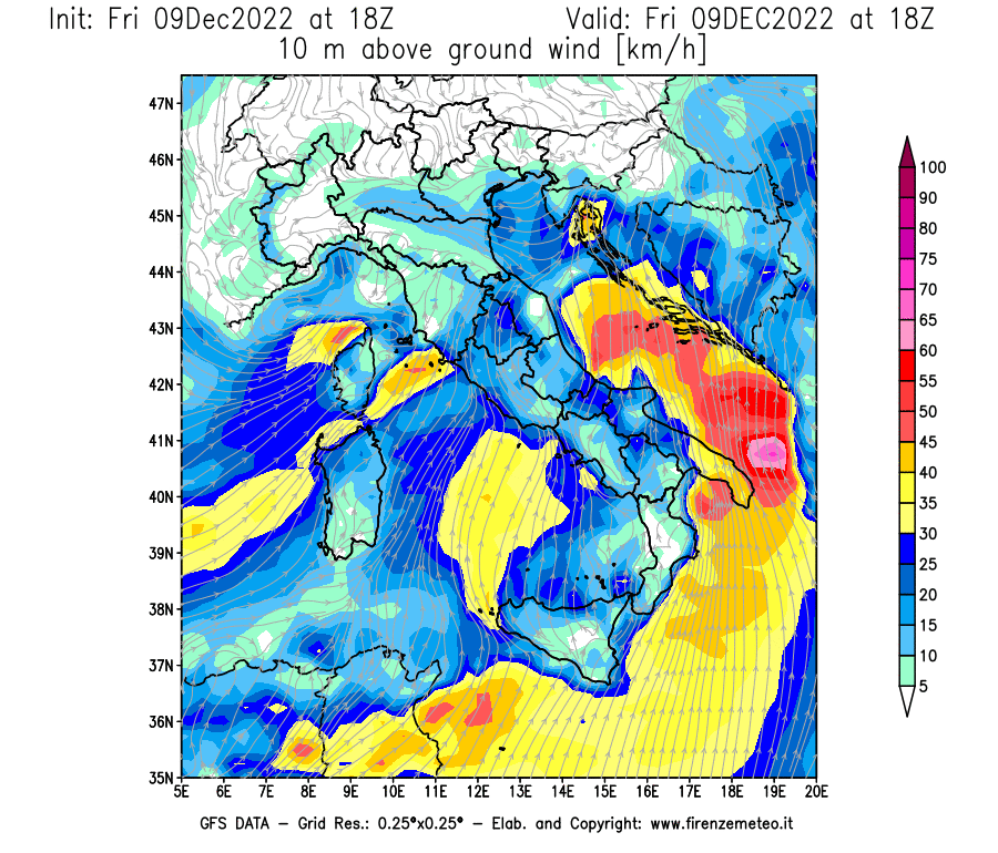 Mappa di analisi GFS - Velocità del vento a 10 metri dal suolo [km/h] in Italia
							del 09/12/2022 18 <!--googleoff: index-->UTC<!--googleon: index-->