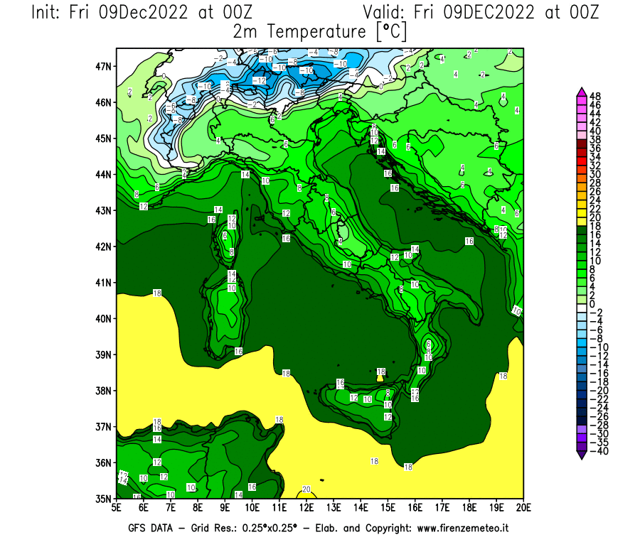 Mappa di analisi GFS - Temperatura a 2 metri dal suolo [°C] in Italia
							del 09/12/2022 00 <!--googleoff: index-->UTC<!--googleon: index-->