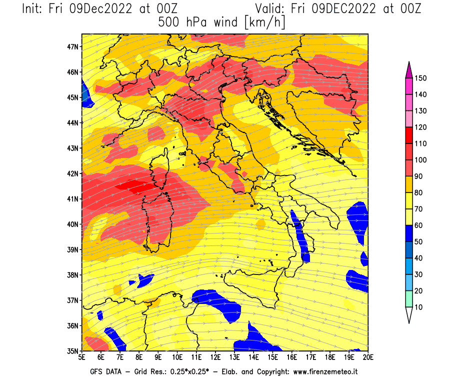 Mappa di analisi GFS - Velocità del vento a 500 hPa [km/h] in Italia
							del 09/12/2022 00 <!--googleoff: index-->UTC<!--googleon: index-->