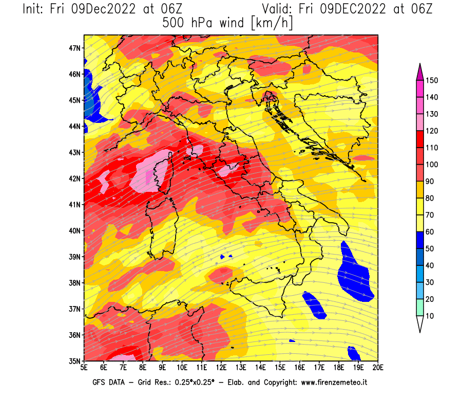 Mappa di analisi GFS - Velocità del vento a 500 hPa [km/h] in Italia
							del 09/12/2022 06 <!--googleoff: index-->UTC<!--googleon: index-->