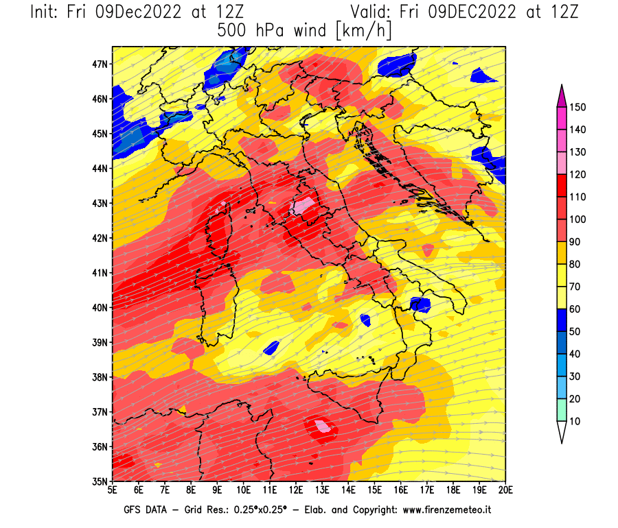 Mappa di analisi GFS - Velocità del vento a 500 hPa [km/h] in Italia
							del 09/12/2022 12 <!--googleoff: index-->UTC<!--googleon: index-->