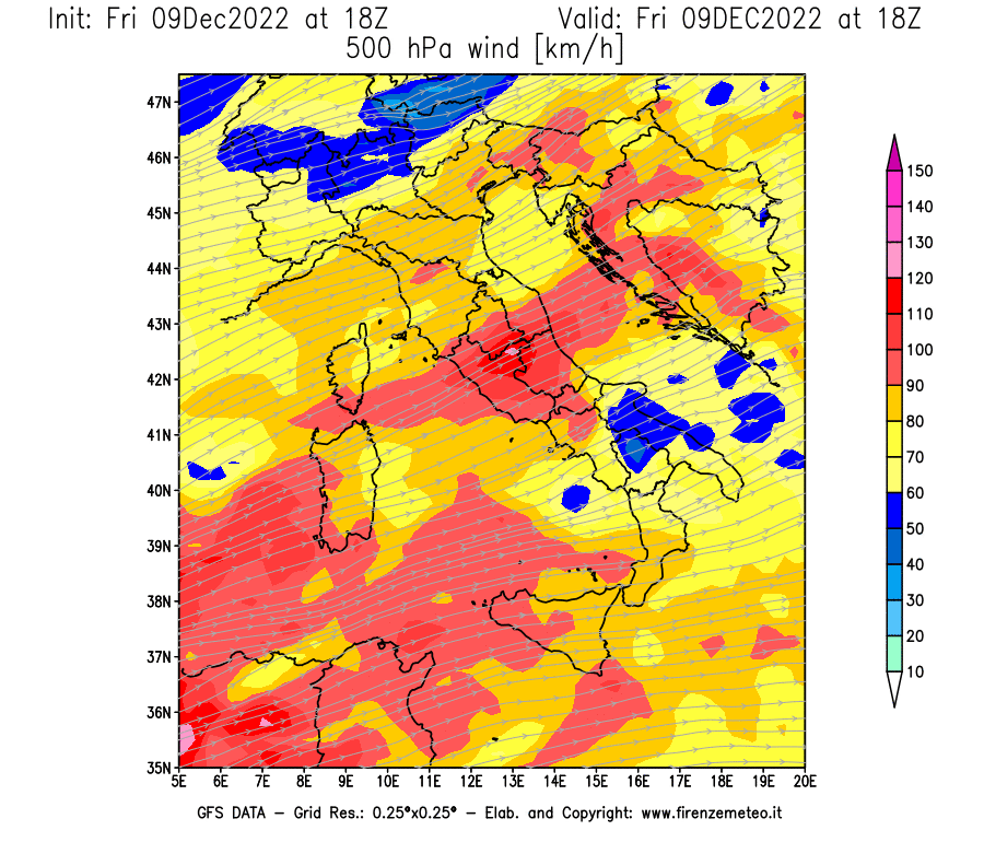Mappa di analisi GFS - Velocità del vento a 500 hPa [km/h] in Italia
							del 09/12/2022 18 <!--googleoff: index-->UTC<!--googleon: index-->