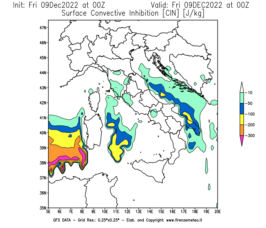 Mappa di analisi GFS - CIN [J/kg] in Italia
							del 09/12/2022 00 <!--googleoff: index-->UTC<!--googleon: index-->